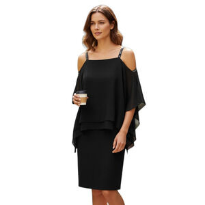 SLNY Women's Cocktail Dress Size 4 Black Chiffon Mother Of Bride Wedding Party